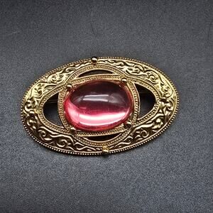 1928 Brand Pink Rhinestone Brooch Gold Tone Oval Vintage Costume Jewelry